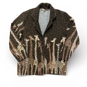 Vintage Painted Pony Tapestry Jacket Sz Large Giraffes Safari Animal Print 90s
